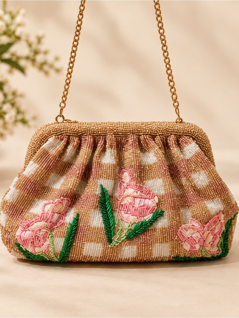 Anthropologie Beaded Wildflower Clutch Pink Floral Gingham Chain Bag.